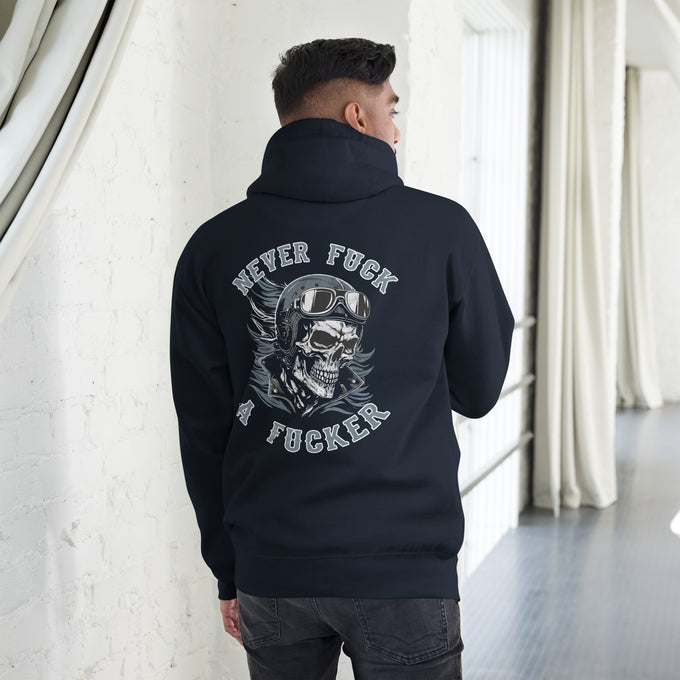 Biker - Premium Unisex Hoodie "Never Fck a Fcker" – Marineblau – Rückansicht