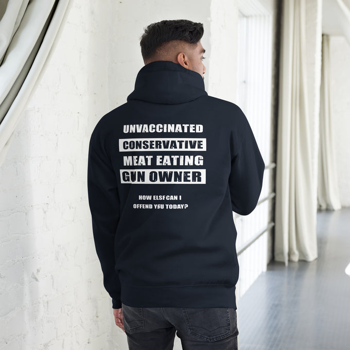 Biker - Premium Unisex Hoodie "Unvaccinated Conservative Meat Eating Gun Owner " – Marineblau – Rückansicht