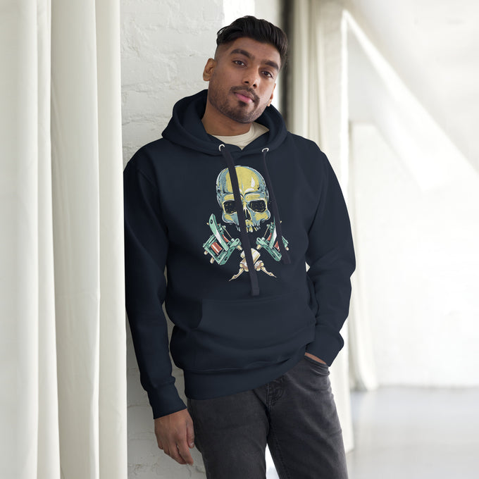 Unisex-Biker Hoodie "Tattoo Skull" – Marineblau – Vorderansicht