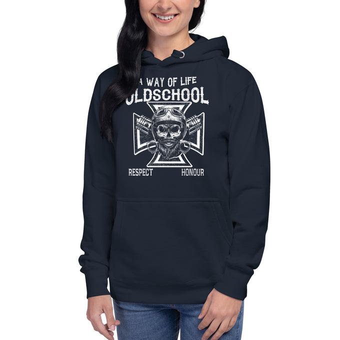 Biker - Premium Unisex Hoodie " A Way of Life Oldschool" – Marineblau – Vorderansicht