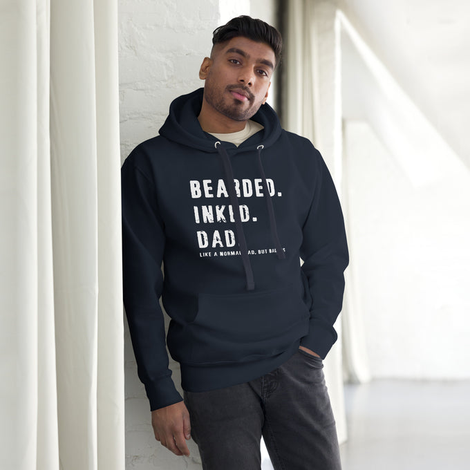 Biker - Premium Unisex Hoodie "Bearded Inked Dad Like A Normal Dad But Badass" – Marineblau – Vorderansicht