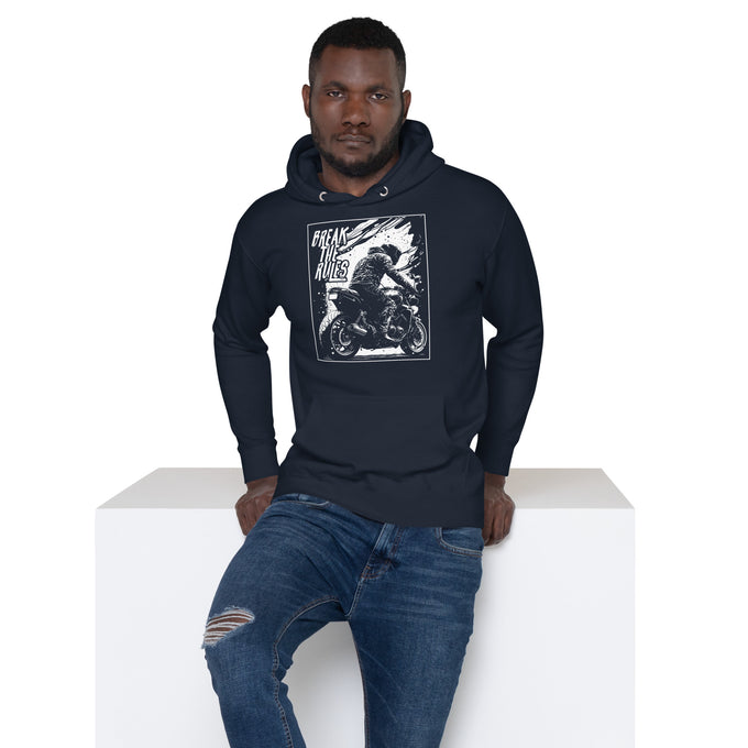 Biker - Premium Unisex Hoodie " Break The Rules" – Marineblau – Vorderansicht